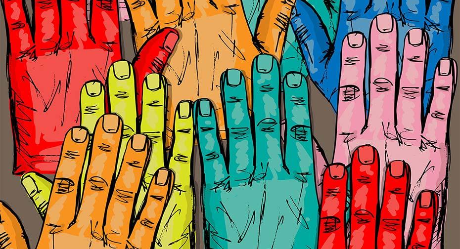 a collage of multi-colored hands