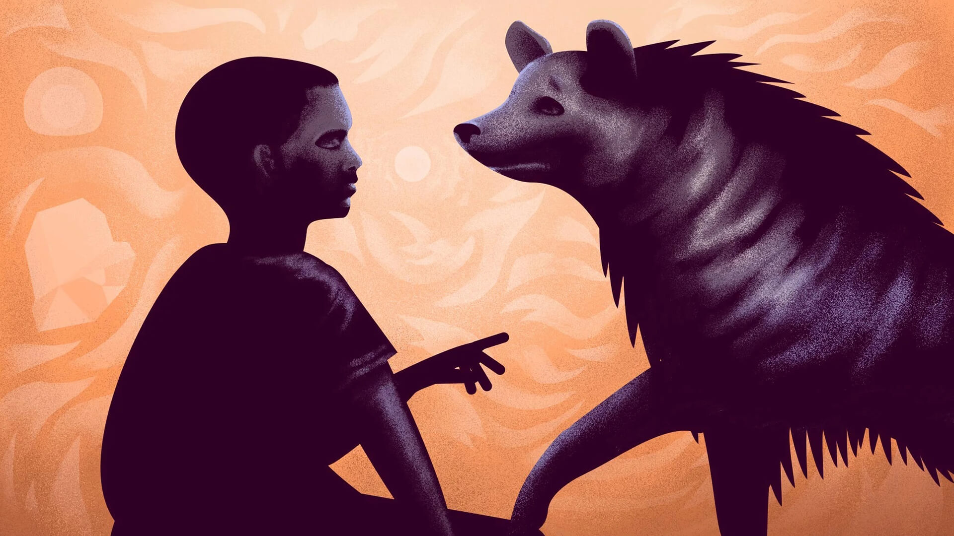 
		Illustration of a young boy talking to a hyena		